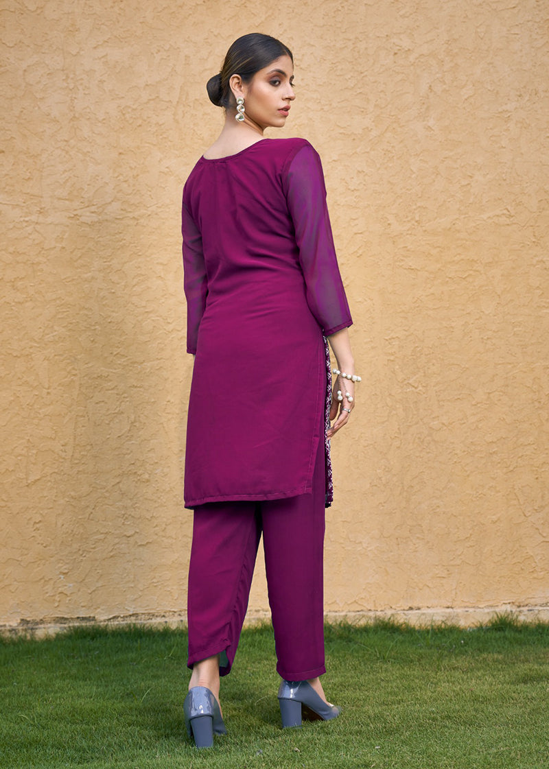 Monjolika Fashion Embroidered Georgette Straight Kurta Set In Purple - Swadesiicart