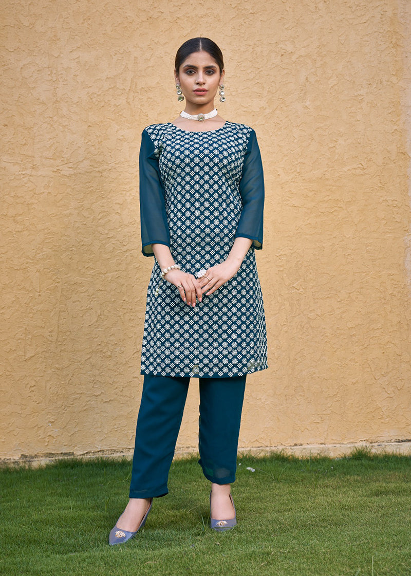 Monjolika Fashion Embroidered Georgette Straight Kurta Set In Teal Blue - Swadesiicart