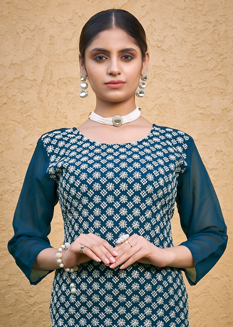 Monjolika Fashion Embroidered Georgette Straight Kurta Set In Teal Blue - Swadesiicart