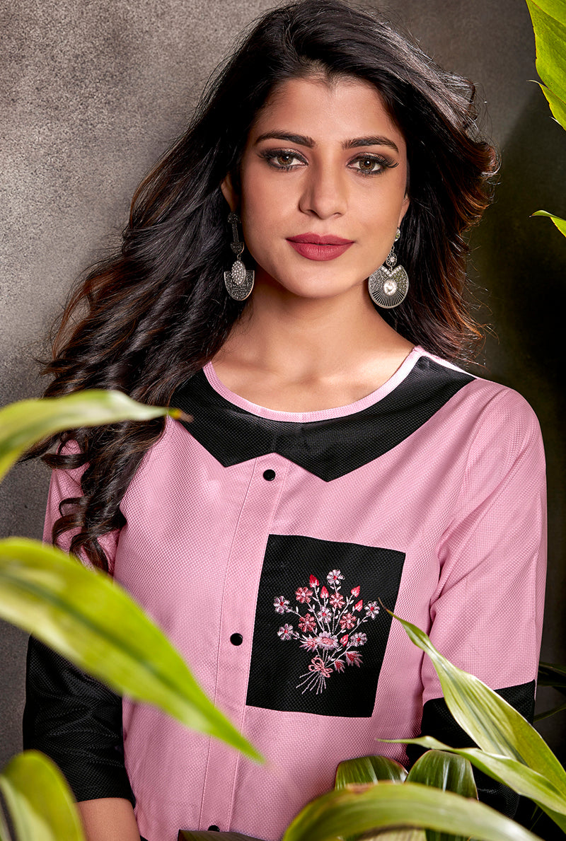 Monjolika Fashion Silk Embroidered Designer Kurti In Light Pink - Swadesiicart