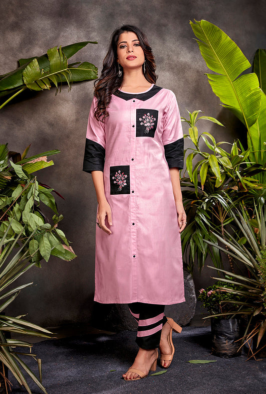 Monjolika Fashion Silk Embroidered Designer Kurti In Light Pink - Swadesiicart