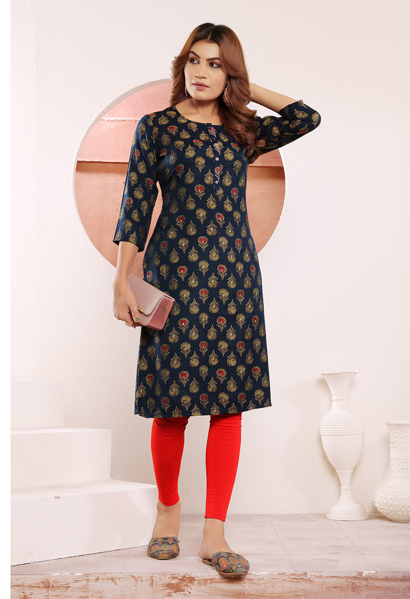 Monjolika Fashion Navy Blue Print Viscose Casual Kurti - Swadesiicart