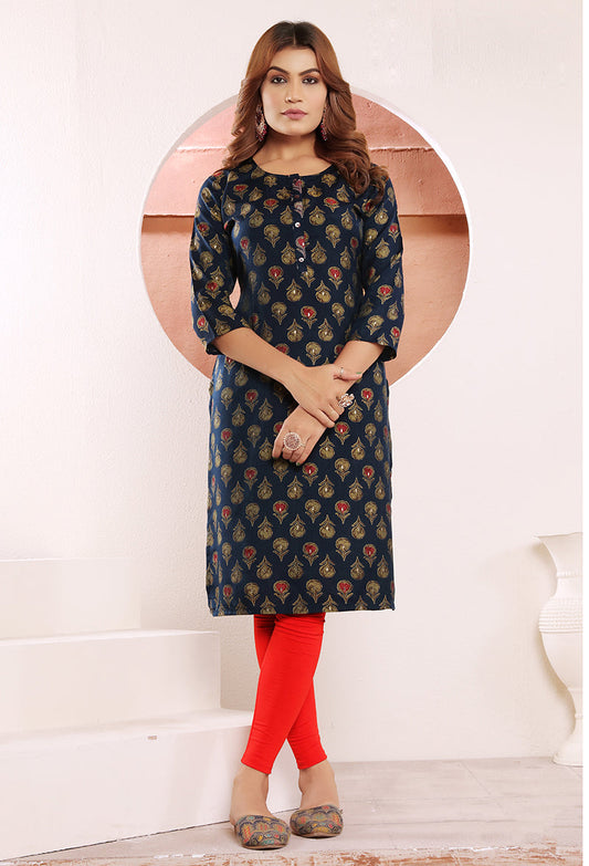 Monjolika Fashion Navy Blue Print Viscose Casual Kurti - Swadesiicart