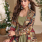 Anaita Olive Heavy Fox Georgette Anarkali Shrug Suit With Silk Print
