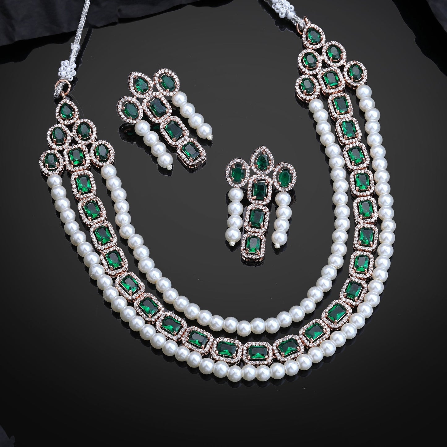 Estele Rose Gold-Polished CZ Captivating Three-Layered Necklace Set with Green Stones & Pearls for Women - Swadesiicart
