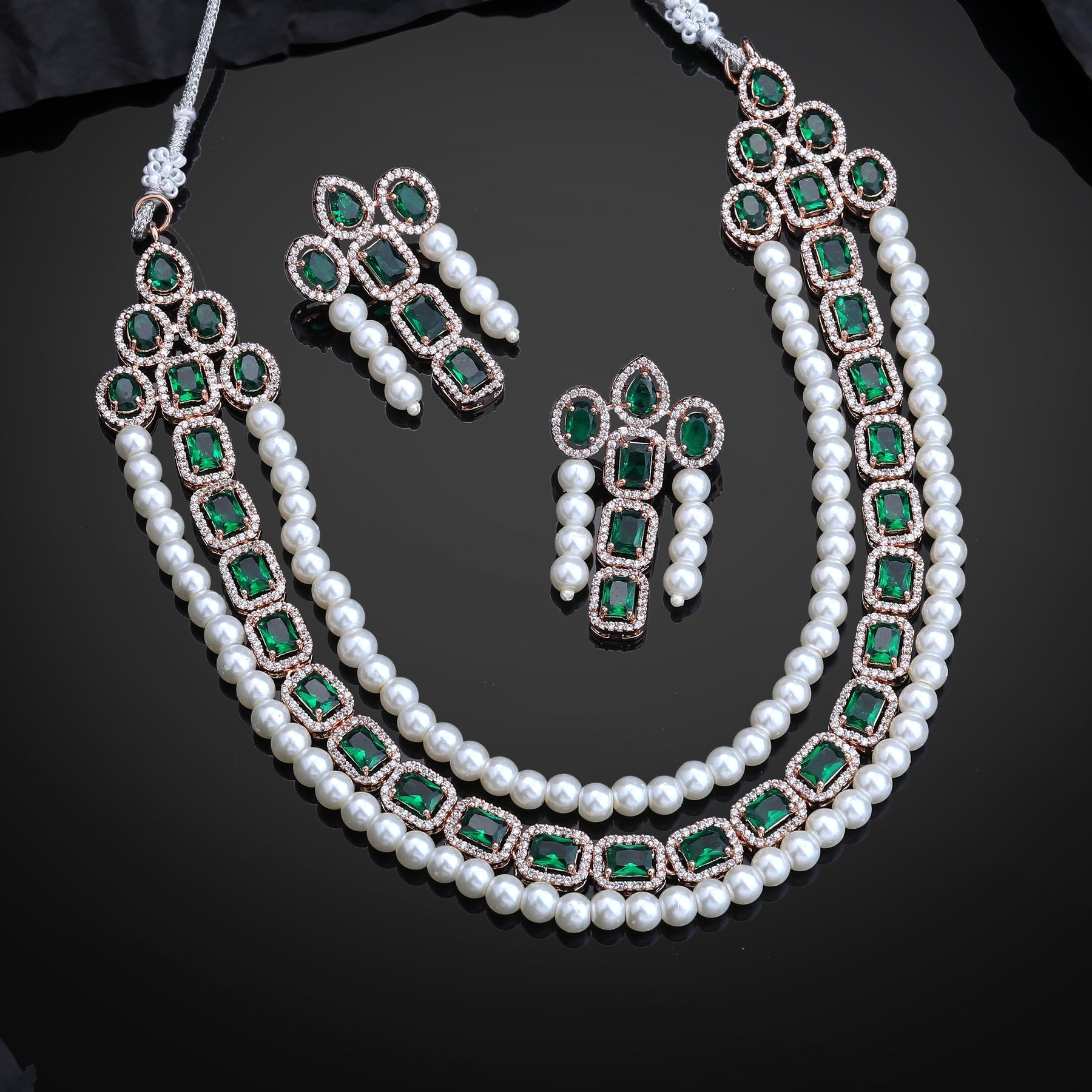 Estele Rose Gold-Polished CZ Captivating Three-Layered Necklace Set with Green Stones & Pearls for Women - Swadesiicart