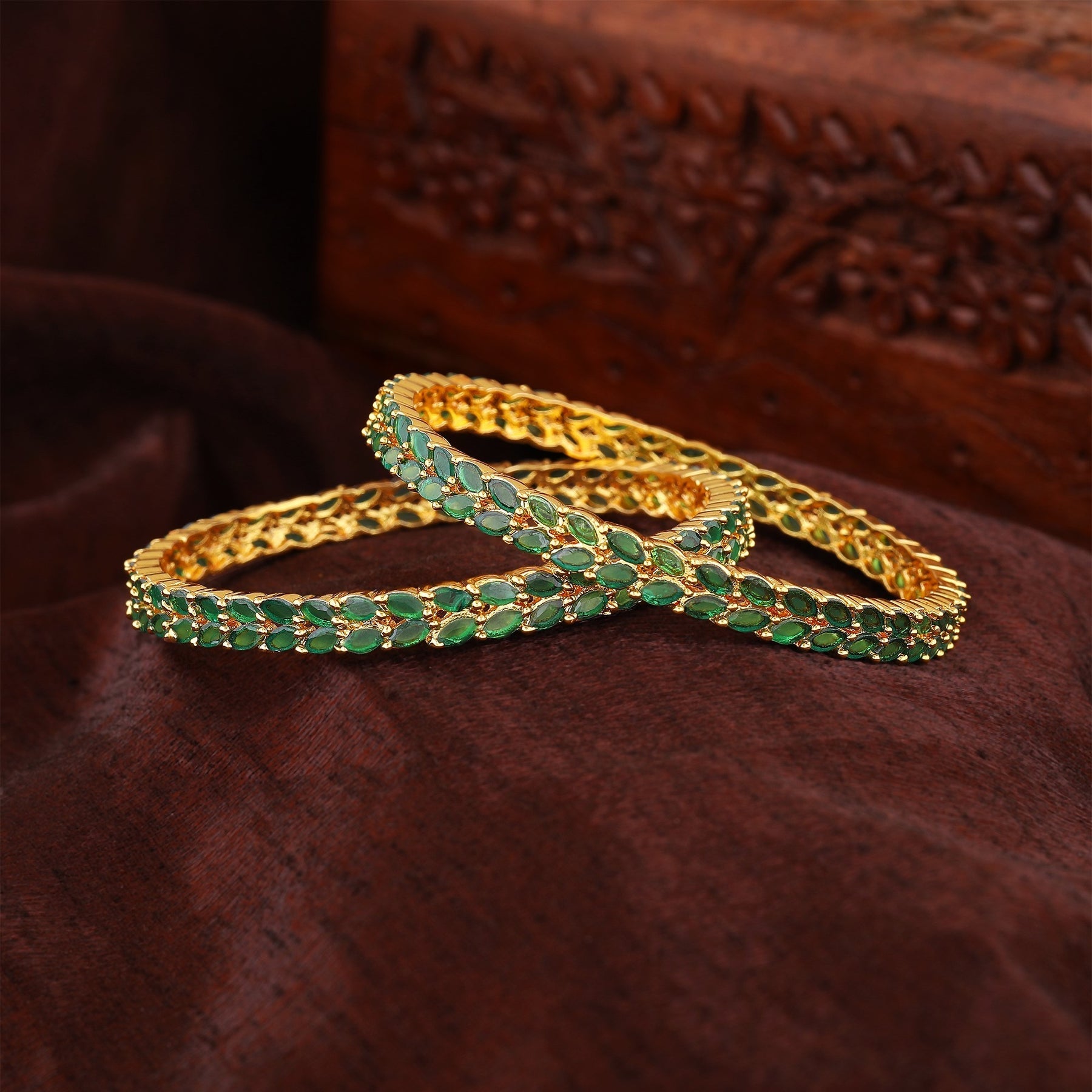 Estele Gold-Polished CZ Marvelous Leafy Designer Bangle with Green Stones for Women - Swadesiicart