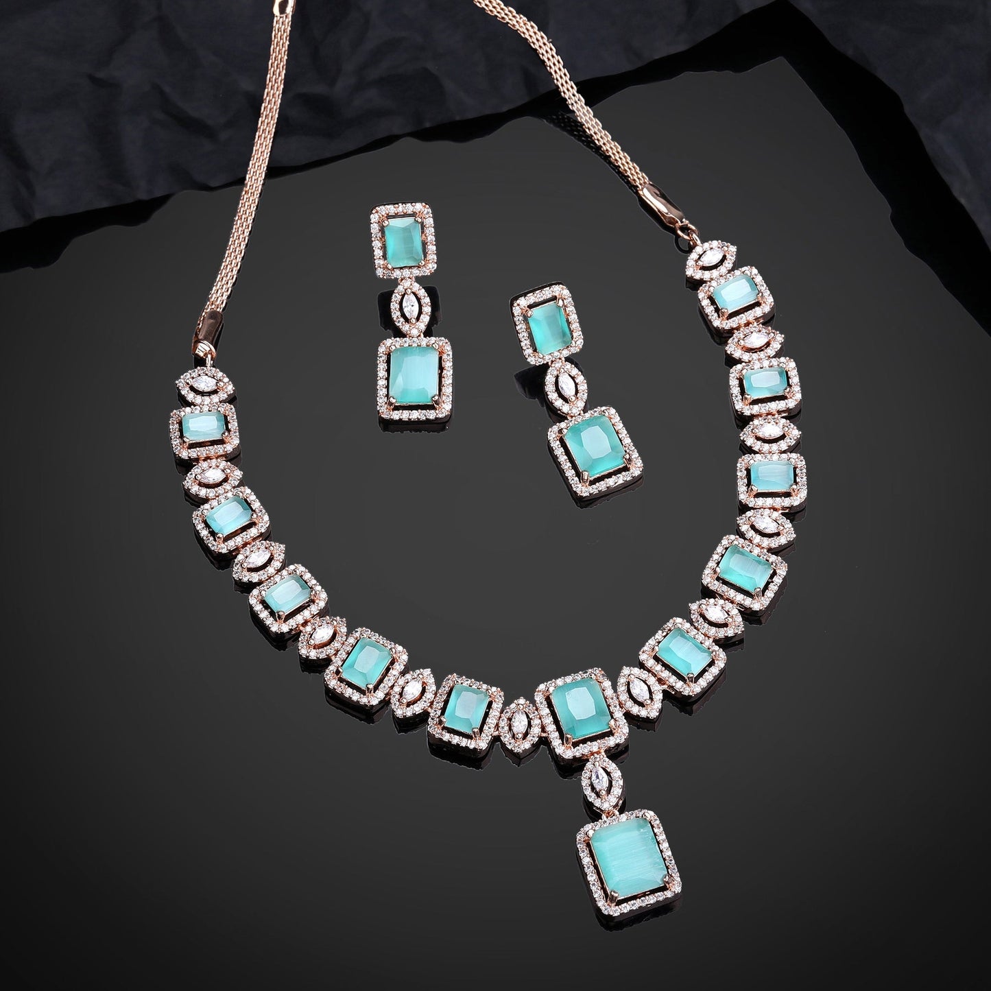 Estele Rose Gold-Polished CZ Shimmering Square Designer Necklace Set with Mint Green Stones for Women - Swadesiicart