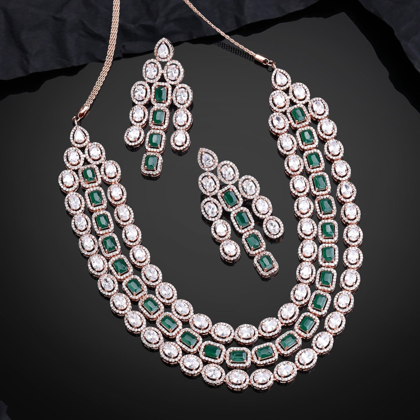 Estele Rose Gold-Polished CZ Spectacular Triple Line Necklace Set with Green Stones for Women - Swadesiicart