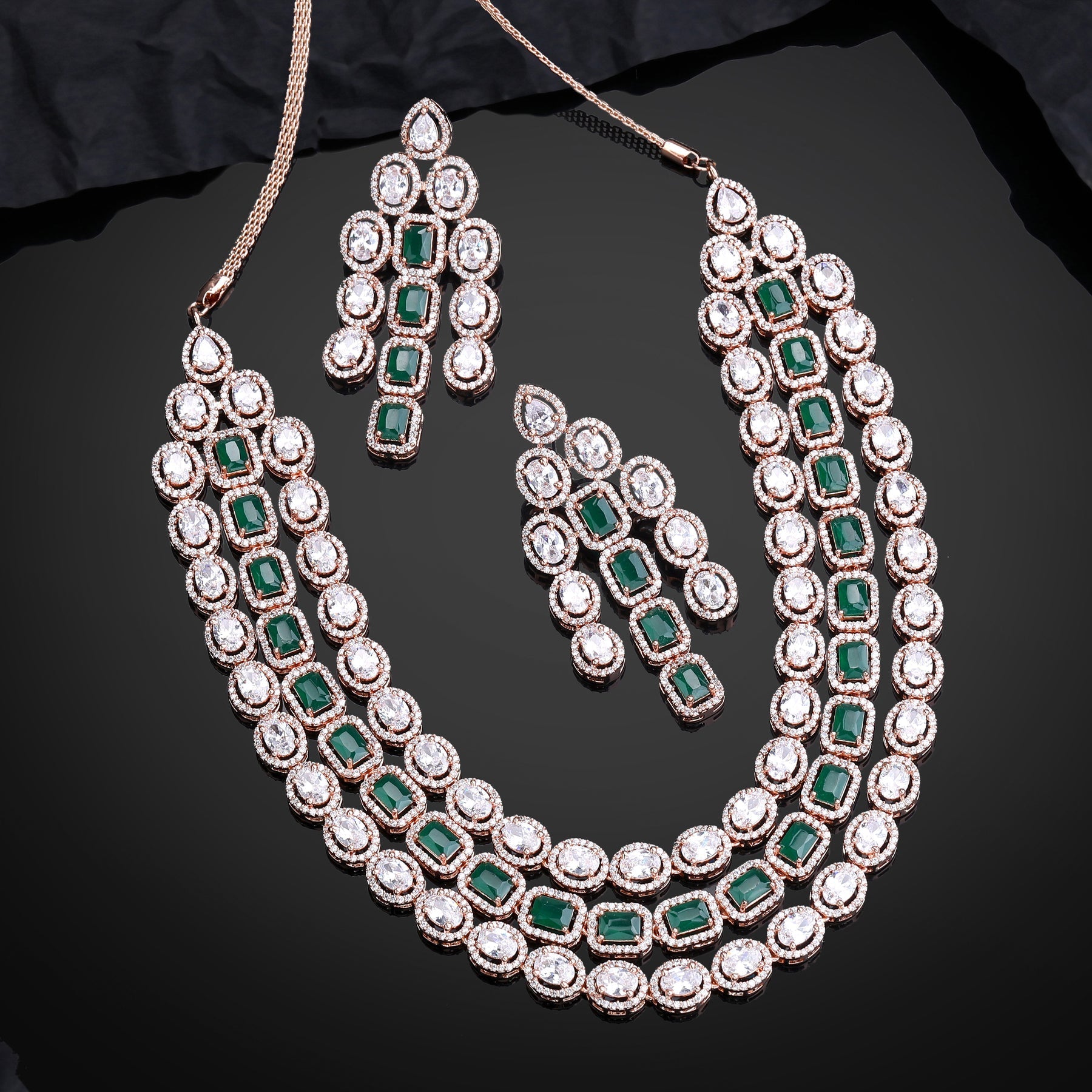 Estele Rose Gold-Polished CZ Spectacular Triple Line Necklace Set with Green Stones for Women - Swadesiicart