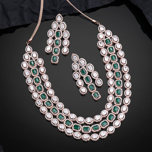 Estele Rose Gold-Polished CZ Spectacular Triple Line Necklace Set with Green Stones for Women - Swadesiicart