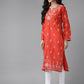 ADA Women Red & White Pure Cotton Chikankari Embroidered Handloom Kurta with Solid Trousers | Swadesiicart