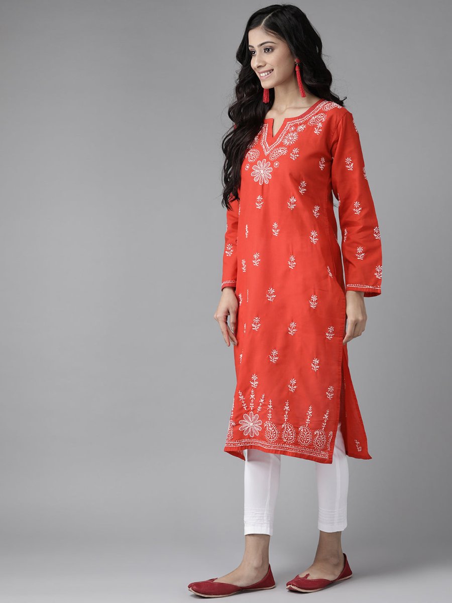 ADA Women Red & White Pure Cotton Chikankari Embroidered Handloom Kurta with Solid Trousers | Swadesiicart