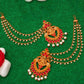 Aadita Red Gold-Toned & White Pearls Studded Contemporary Drop Earrings With Hair Chain | Swadesiicart