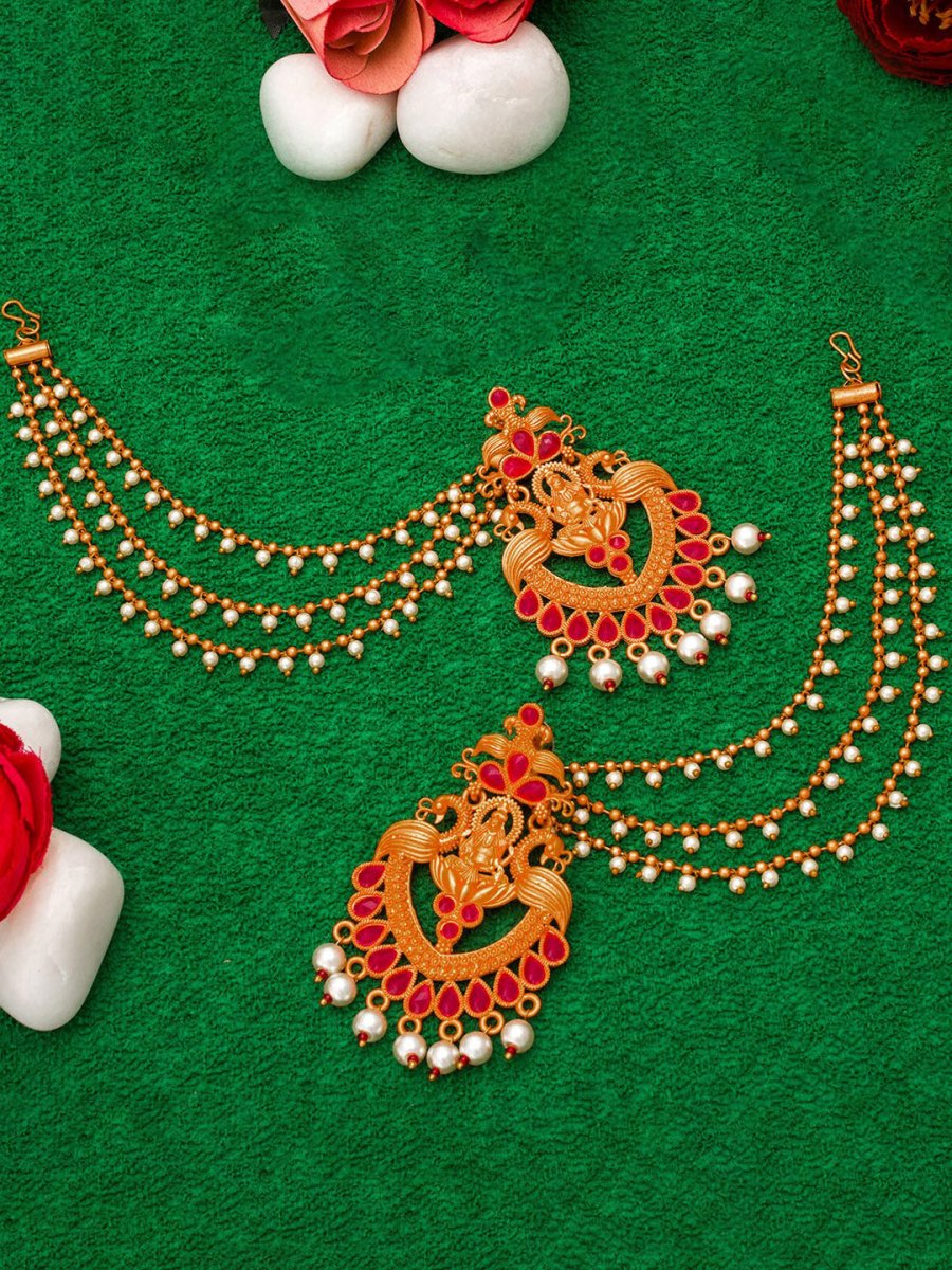 Aadita Red Gold-Toned & White Pearls Studded Contemporary Drop Earrings With Hair Chain | Swadesiicart