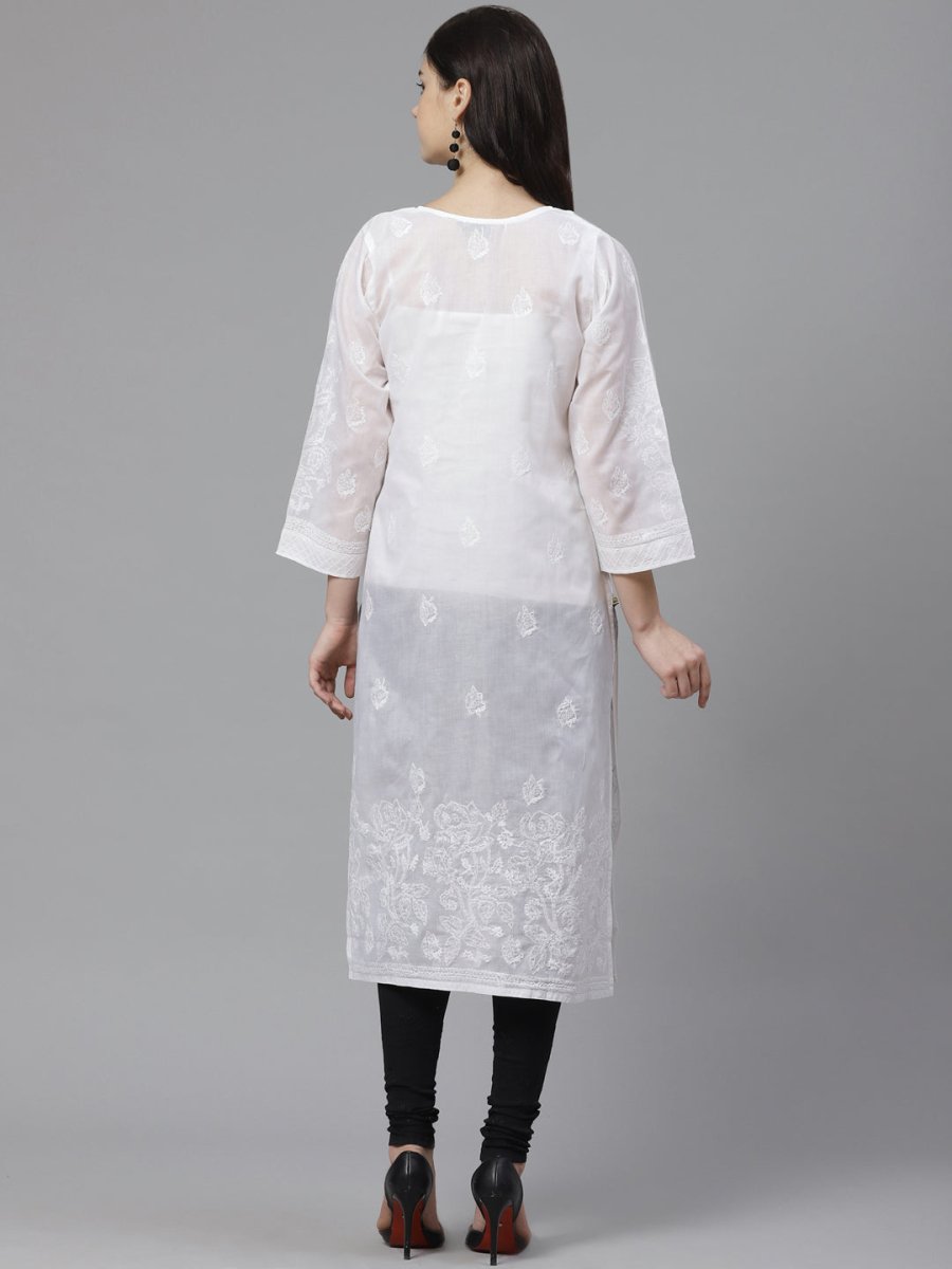 ADA Women White & Black Chikankari Embroidered Semi-Sheer Sustainable Handloom Kurta with Churidar | Swadesiicart