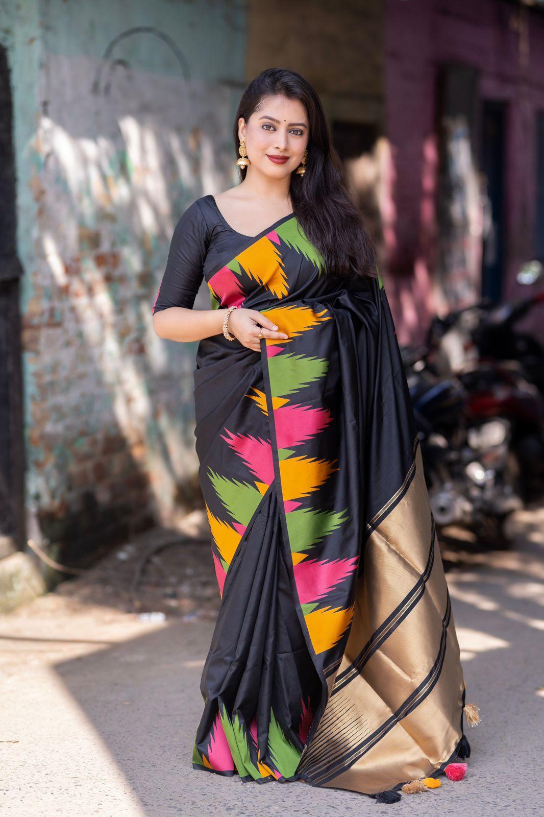 Black Polycotton Woven Design Saree with Unstitched Blouse - Hiral Fashion | Swadesiicart