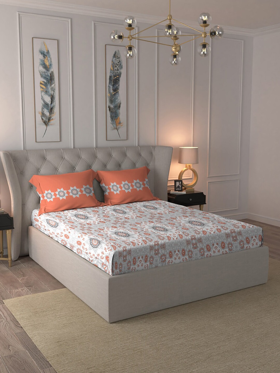MYTRIDENT Grey White Floral Pure Cotton 144 TC Queen Bedsheet With 2 Pillow Covers - Swadesiicart
