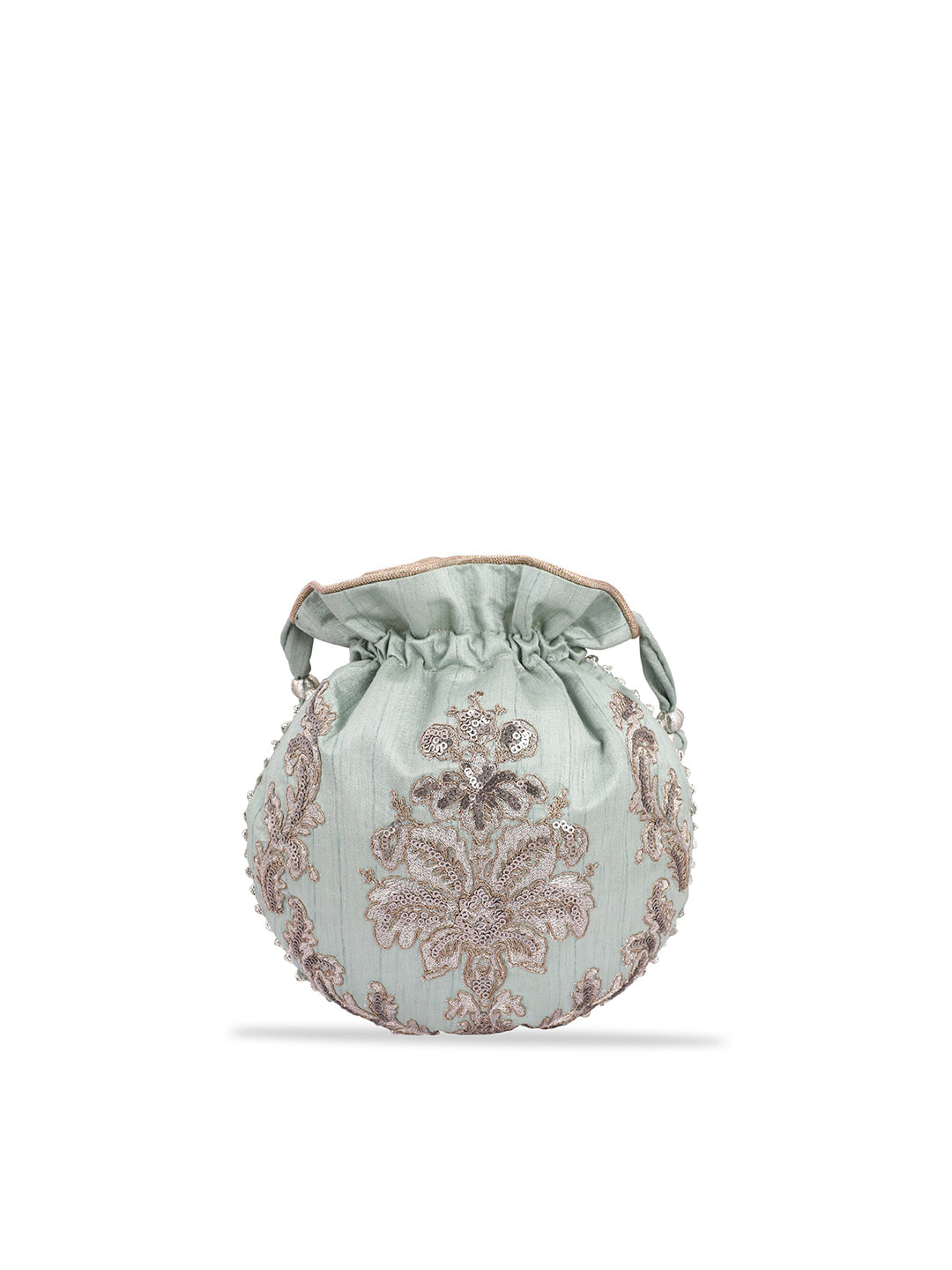 Masq Women Green & Silver-Toned Embellished Potli Clutch - Swadesiicart