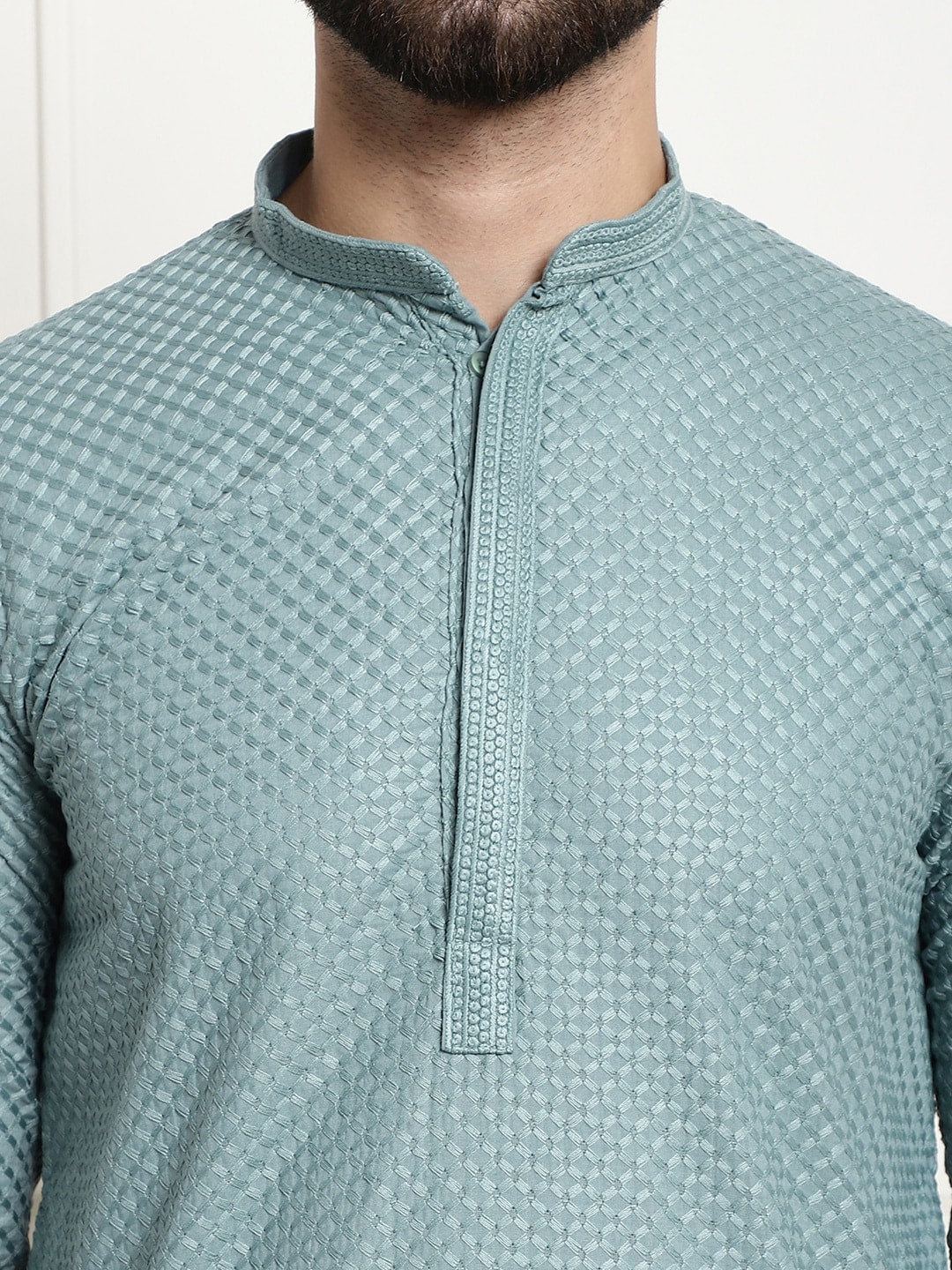 Sojanya Woven Design Mandarin Collar Straight Cotton Kurta | Swadesiicart