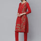 ADA Women Red & Green Chikankari Hand Embroidered Sustainable Handloom Kurta with Trousers | Swadesiicart