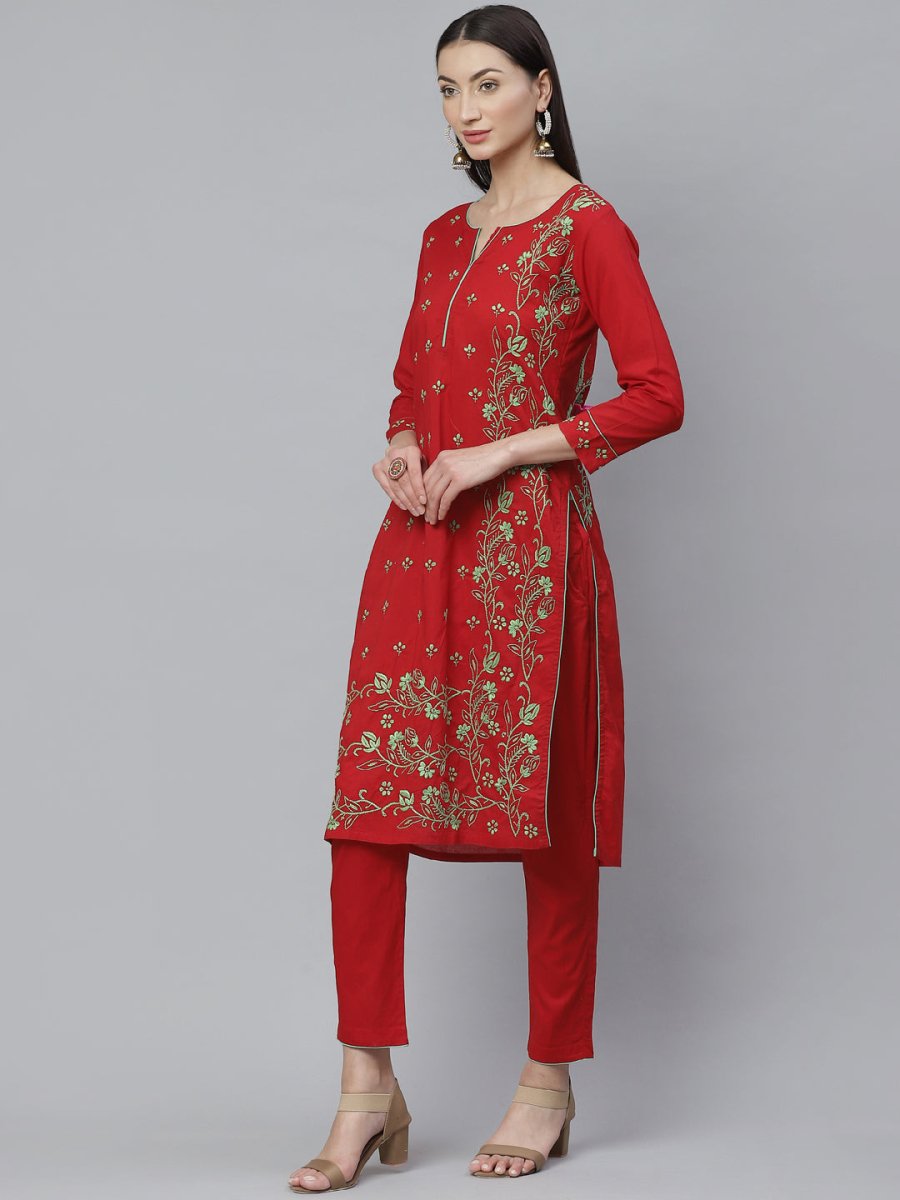 ADA Women Red & Green Chikankari Hand Embroidered Sustainable Handloom Kurta with Trousers | Swadesiicart