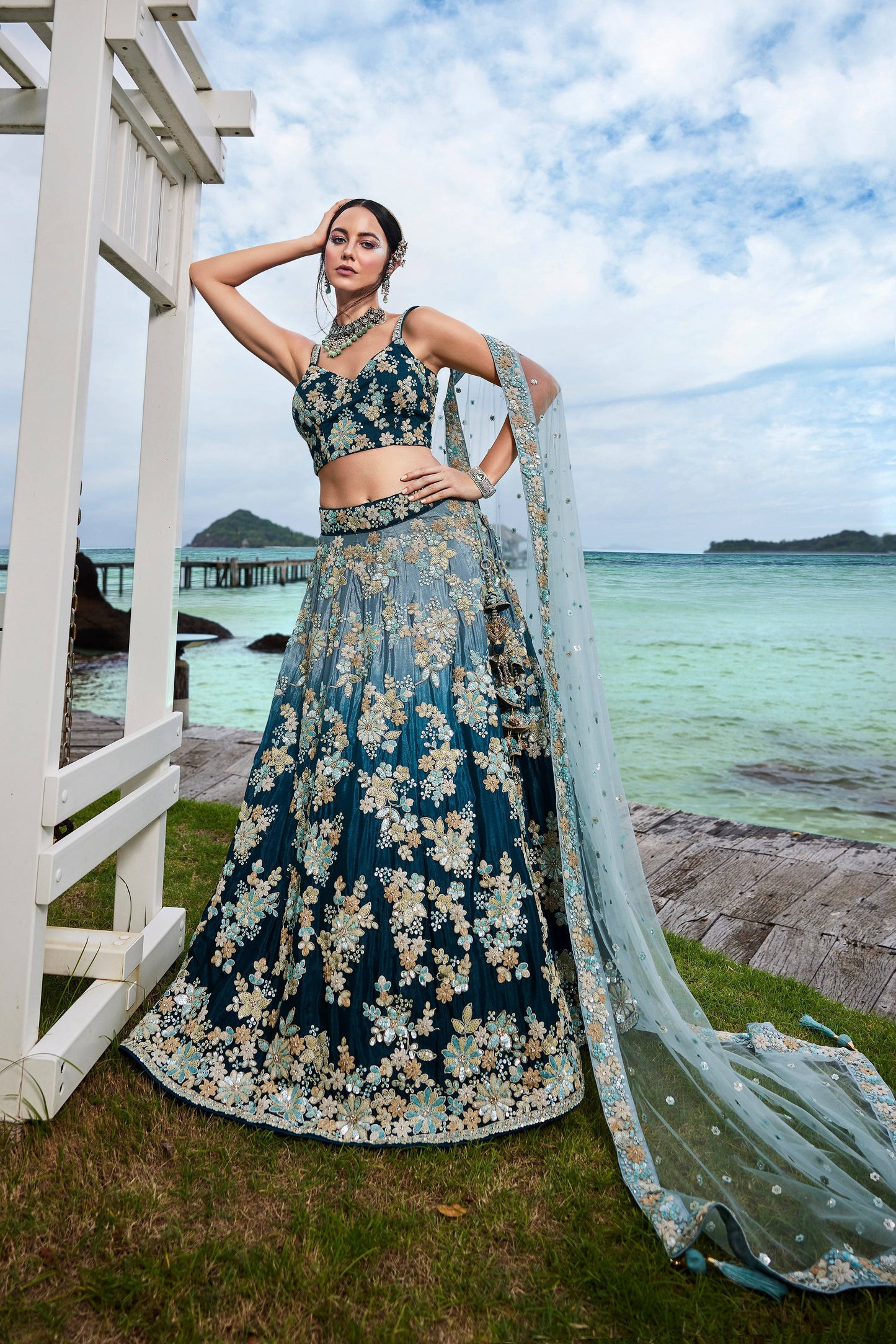 House of Panchhi Teal Padded Colour Georgette Sequins & Zarkan Embroidery Lehenga Choli & Dupatta | Swadesiicart