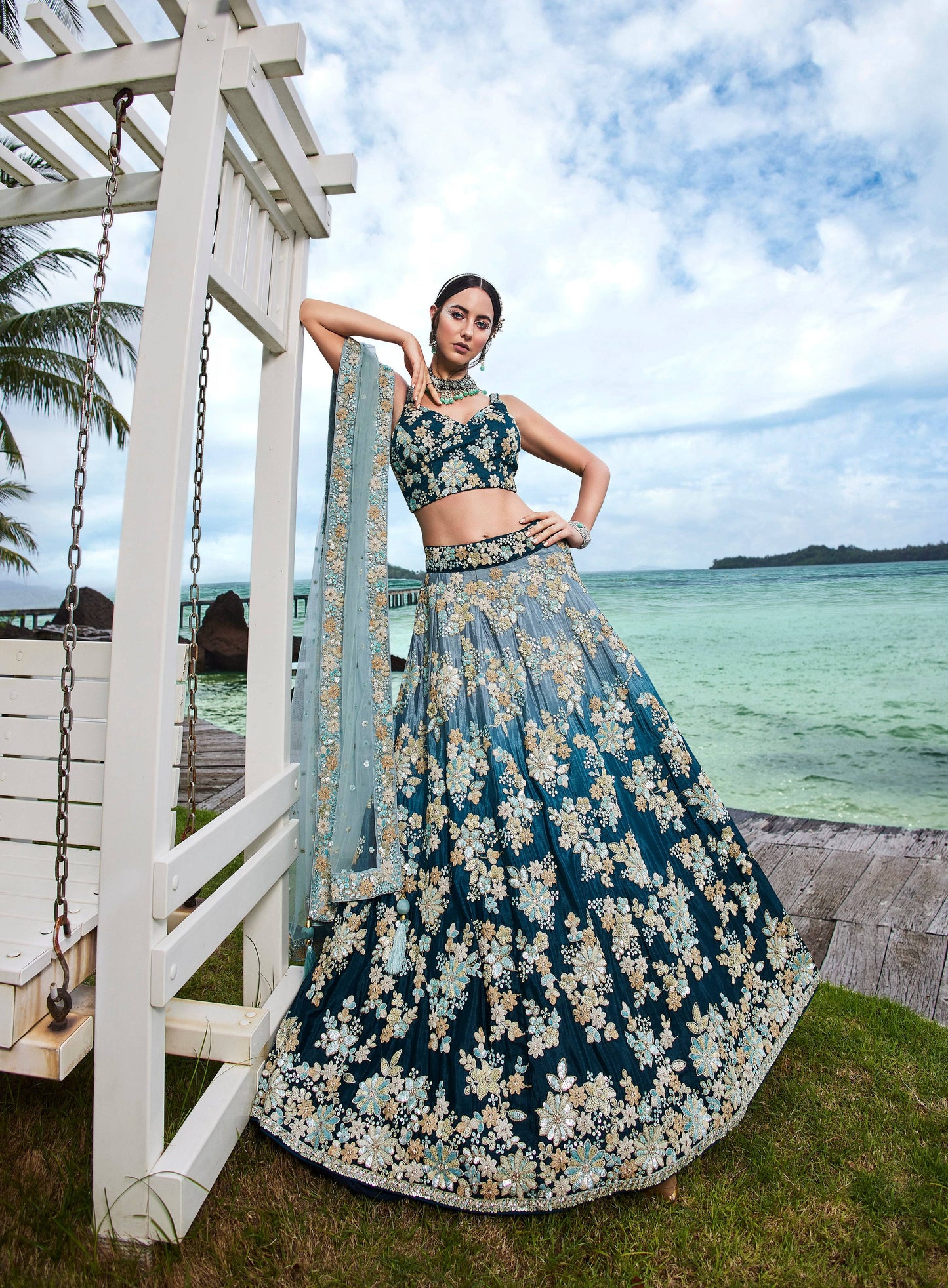 House of Panchhi Teal Padded Colour Georgette Sequins & Zarkan Embroidery Lehenga Choli & Dupatta | Swadesiicart