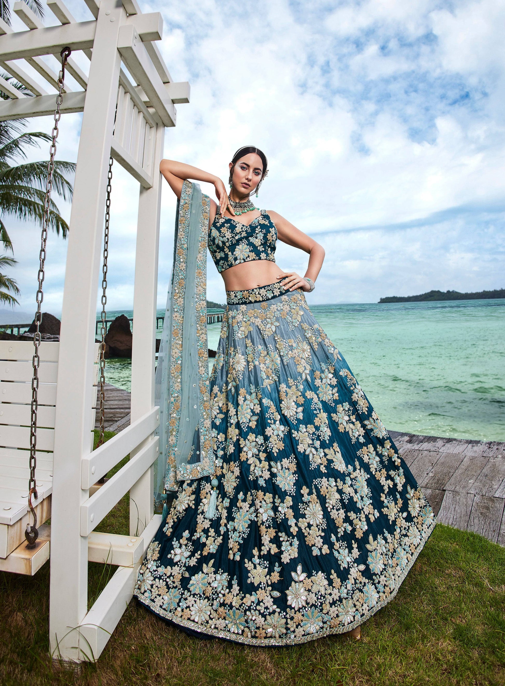 House of Panchhi Teal Padded Colour Georgette Sequins & Zarkan Embroidery Lehenga Choli & Dupatta | Swadesiicart