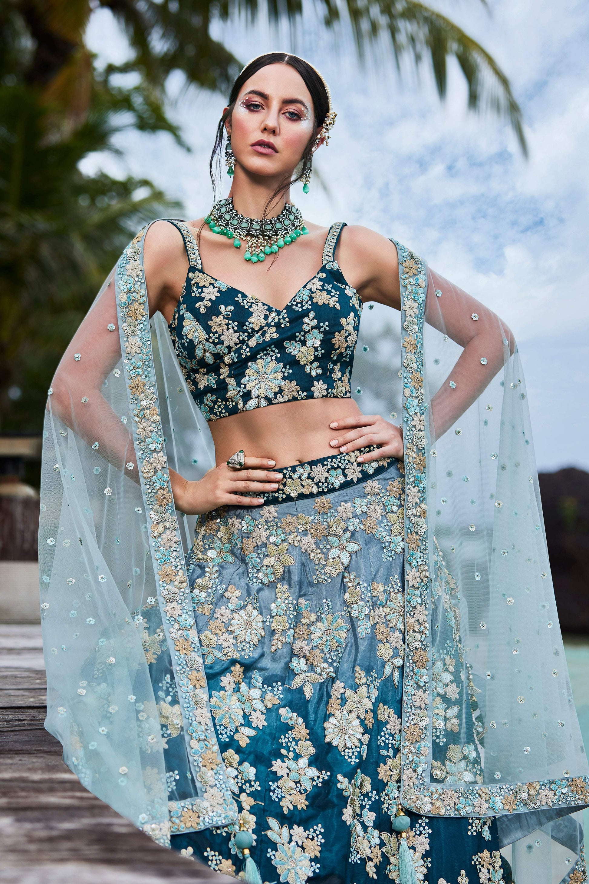 House of Panchhi Teal Padded Colour Georgette Sequins & Zarkan Embroidery Lehenga Choli & Dupatta | Swadesiicart