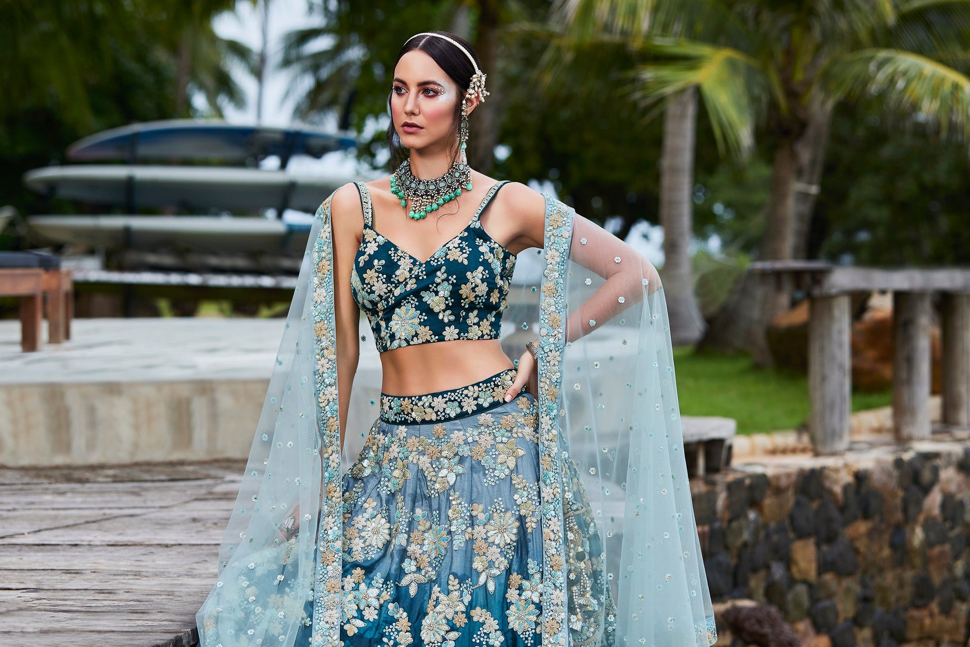 House of Panchhi Teal Padded Colour Georgette Sequins & Zarkan Embroidery Lehenga Choli & Dupatta | Swadesiicart