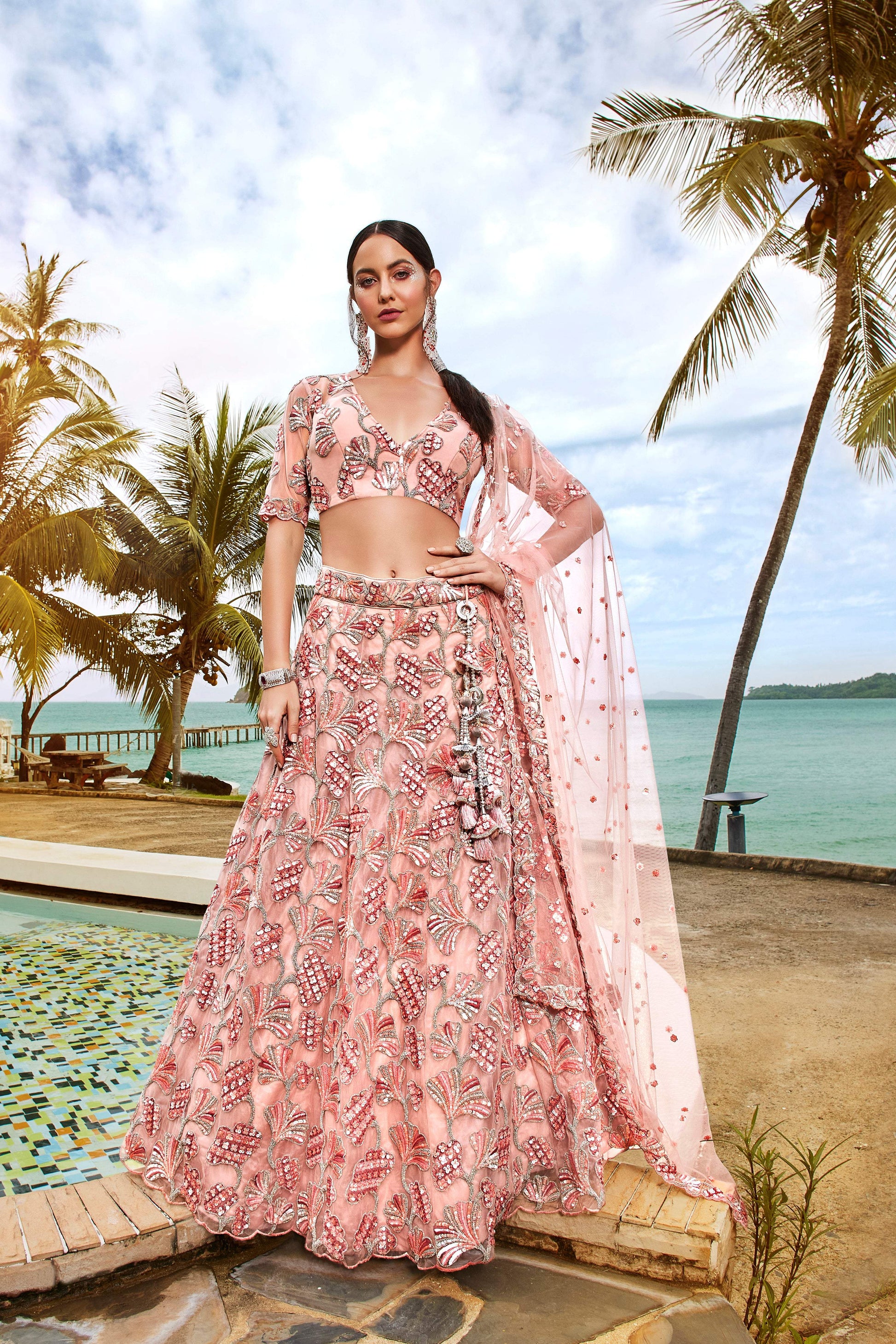 House of Panchhi Coral Net Sequins And Thread Embroidery Lehenga Choli & Dupatta | Swadesiicart