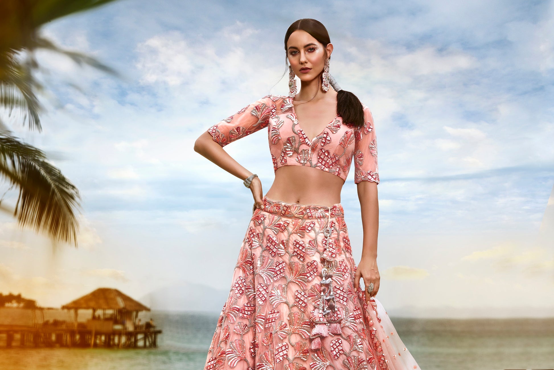 House of Panchhi Coral Net Sequins And Thread Embroidery Lehenga Choli & Dupatta | Swadesiicart