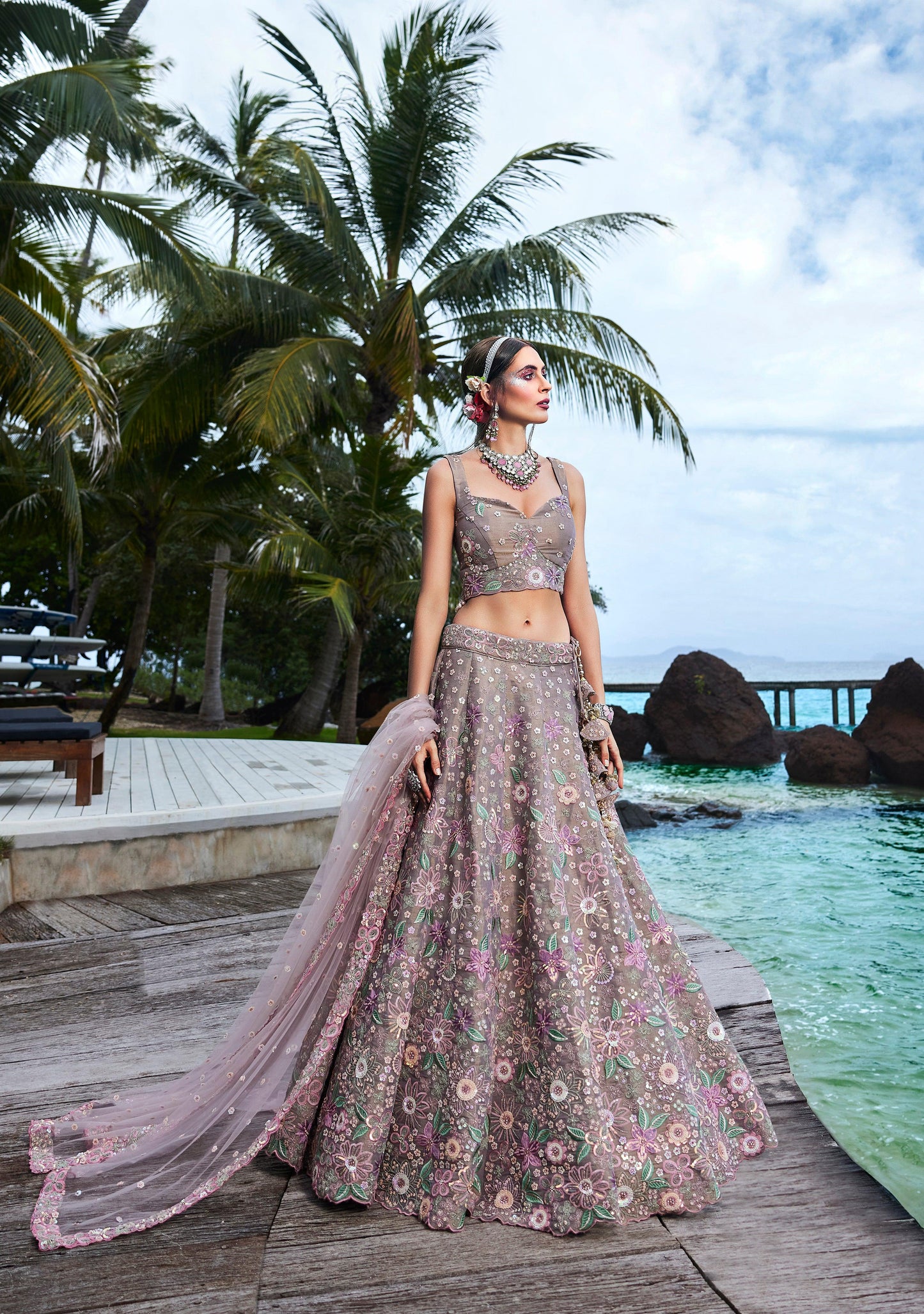 House of Panchhi Rose Gold Toned Organza Sequins & Zarkan Embroidery Lehenga Choli & Dupatta | Swadesiicart