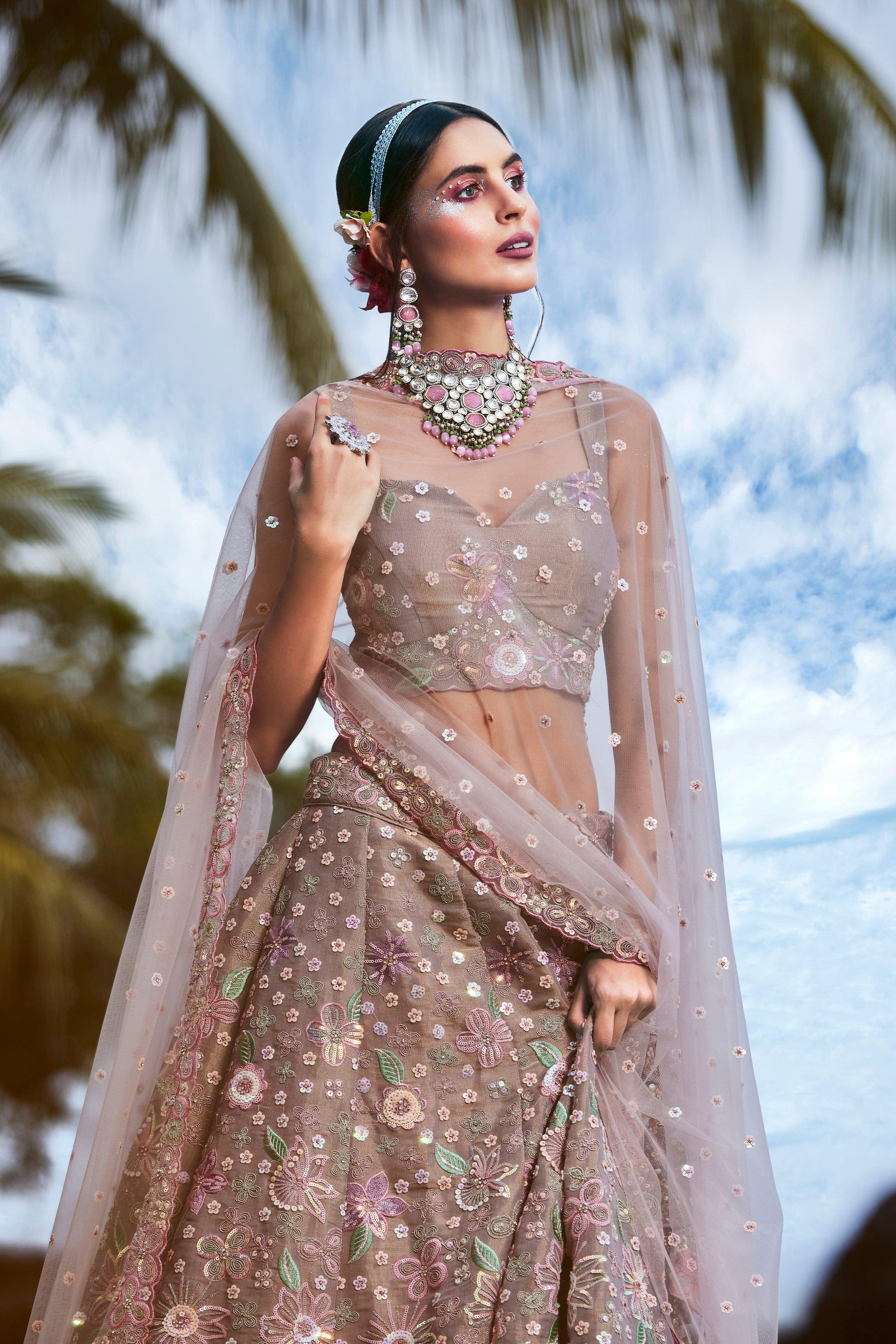 House of Panchhi Rose Gold Toned Organza Sequins & Zarkan Embroidery Lehenga Choli & Dupatta | Swadesiicart
