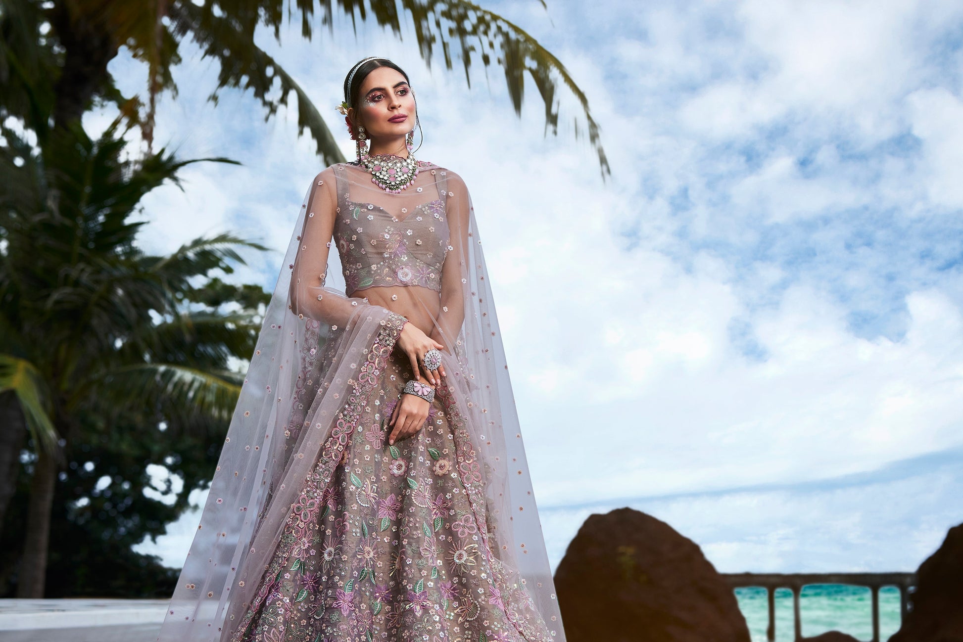 House of Panchhi Rose Gold Toned Organza Sequins & Zarkan Embroidery Lehenga Choli & Dupatta | Swadesiicart