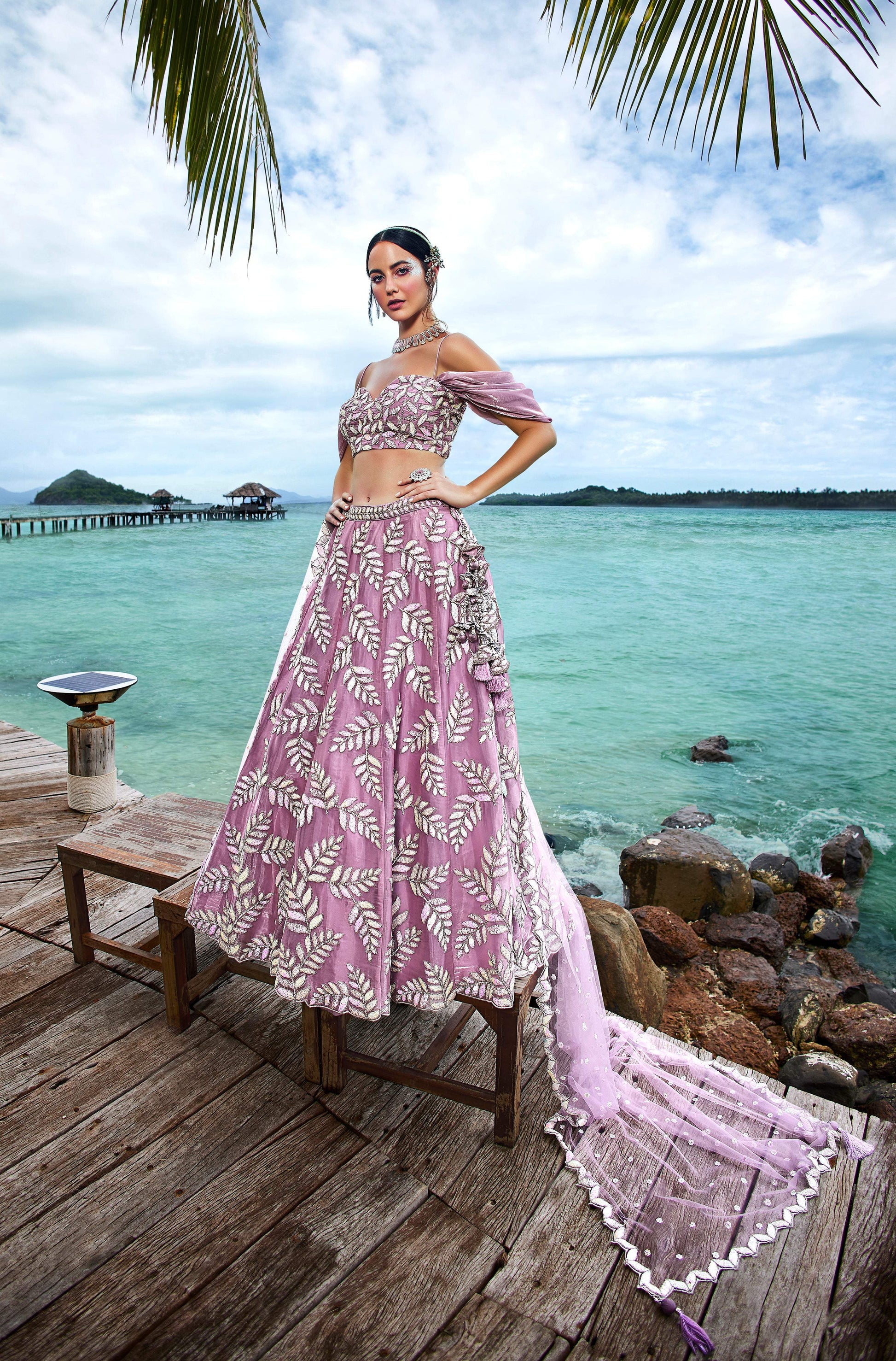 House of Panchhi Mauve Organza Sequins & Zarkan Embroidery Lehenga Choli & Dupatta | Swadesiicart