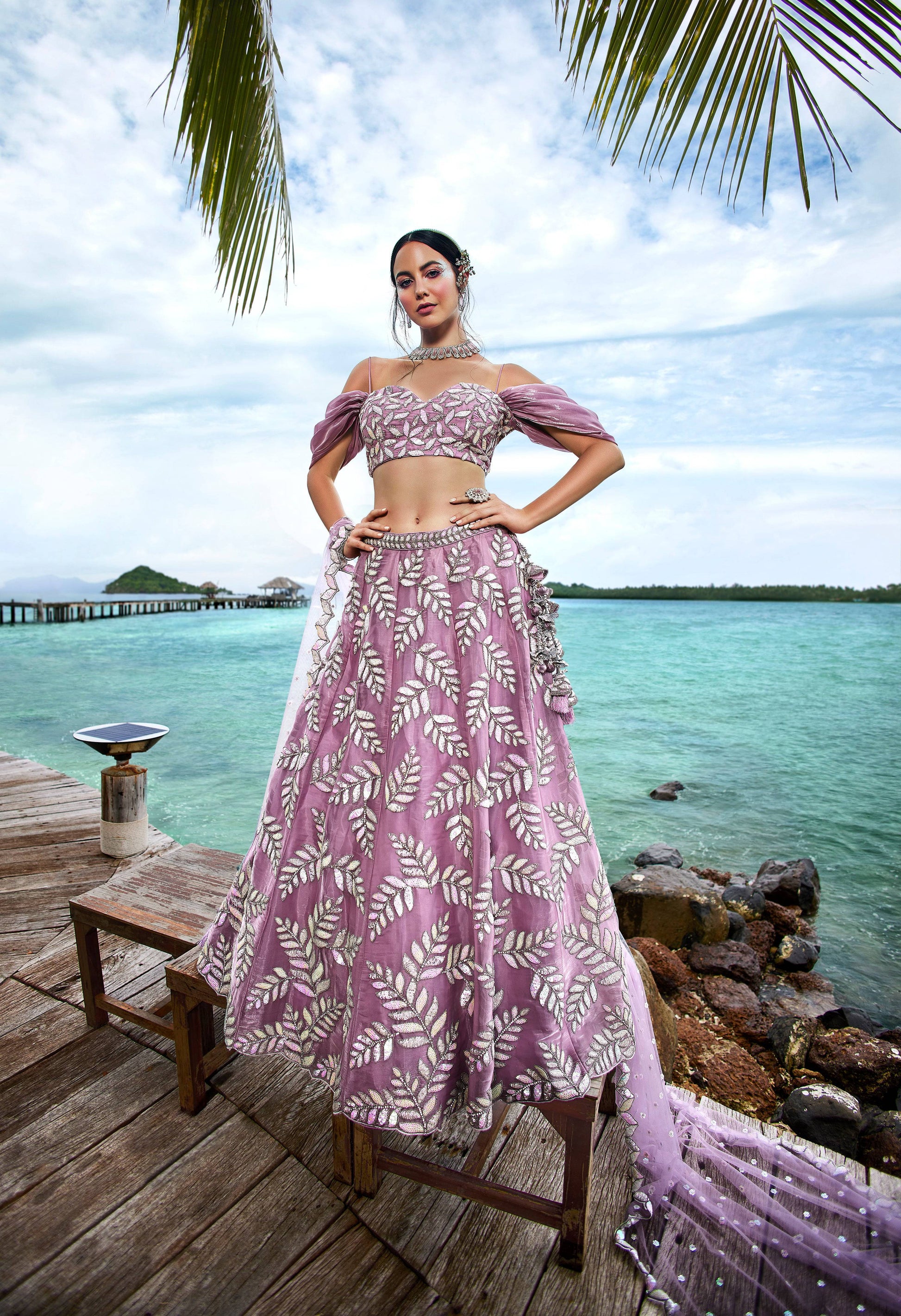 House of Panchhi Mauve Organza Sequins & Zarkan Embroidery Lehenga Choli & Dupatta | Swadesiicart