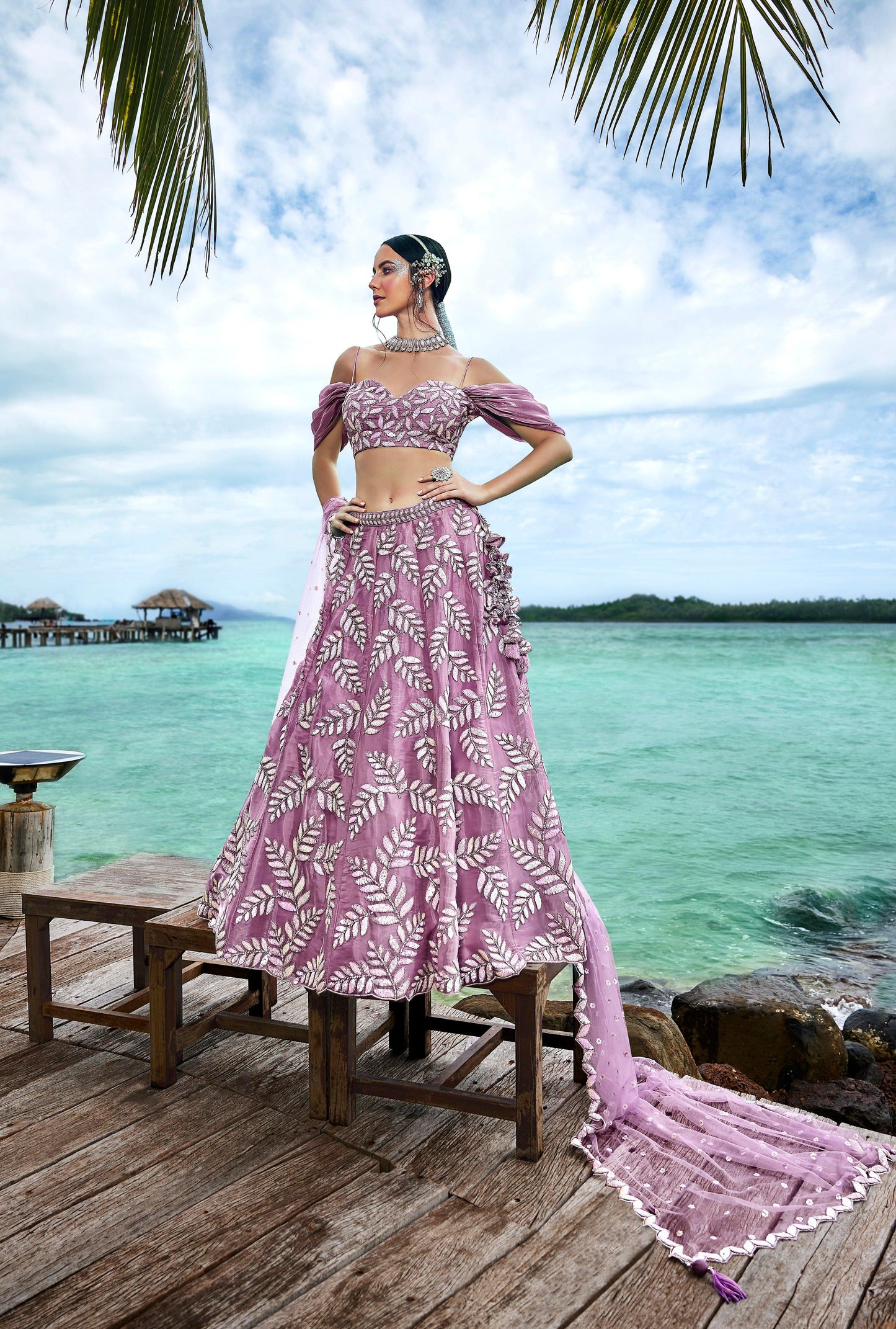 House of Panchhi Mauve Organza Sequins & Zarkan Embroidery Lehenga Choli & Dupatta | Swadesiicart