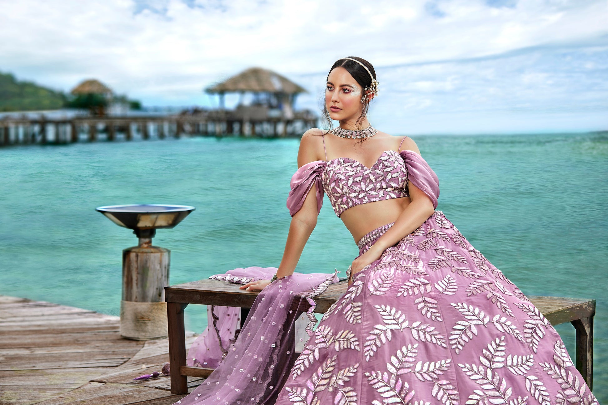 House of Panchhi Mauve Organza Sequins & Zarkan Embroidery Lehenga Choli & Dupatta | Swadesiicart