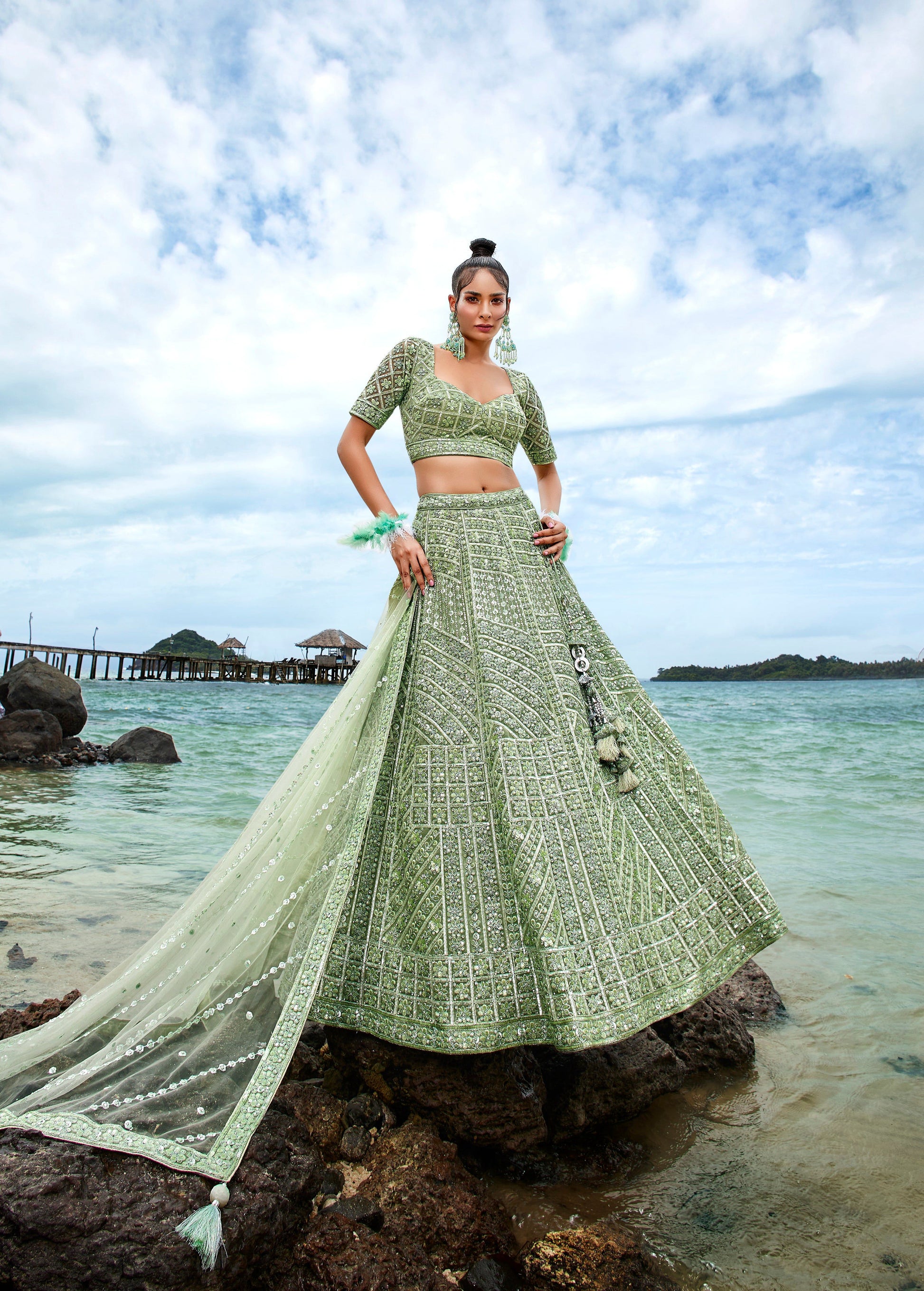 House of Panchhi Lime Green Net Sequins, Zarkan And Thread Embroidery Lehenga Choli & Dupatta | Swadesiicart