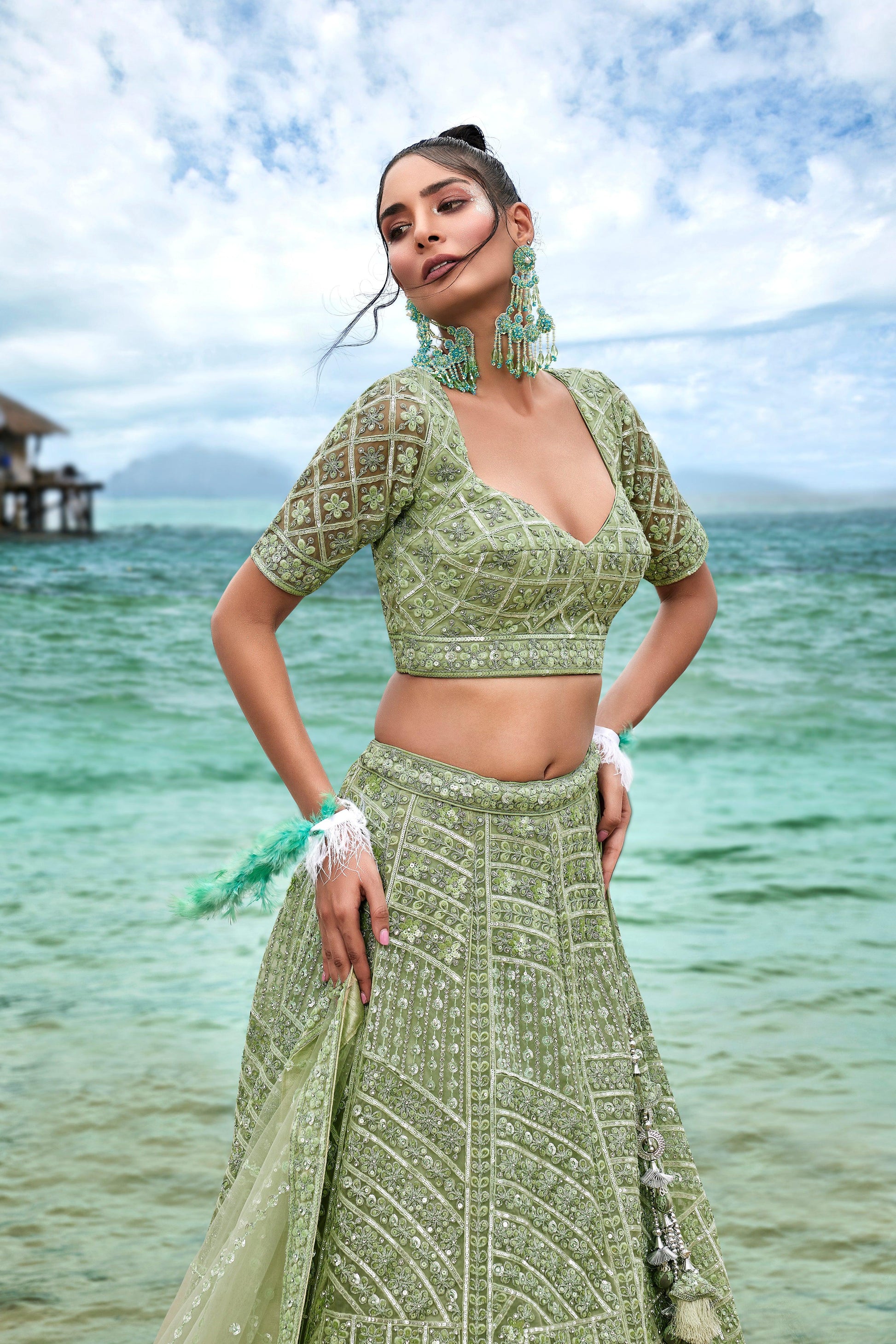 House of Panchhi Lime Green Net Sequins, Zarkan And Thread Embroidery Lehenga Choli & Dupatta | Swadesiicart