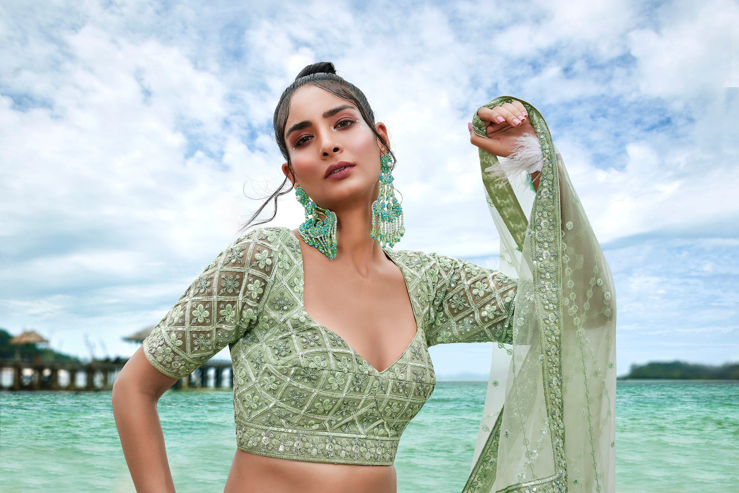 House of Panchhi Lime Green Net Sequins, Zarkan And Thread Embroidery Lehenga Choli & Dupatta | Swadesiicart