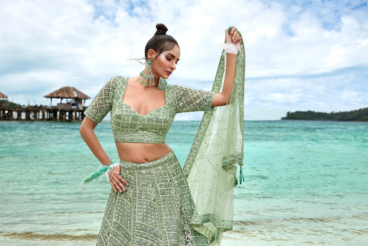 House of Panchhi Lime Green Net Sequins, Zarkan And Thread Embroidery Lehenga Choli & Dupatta | Swadesiicart