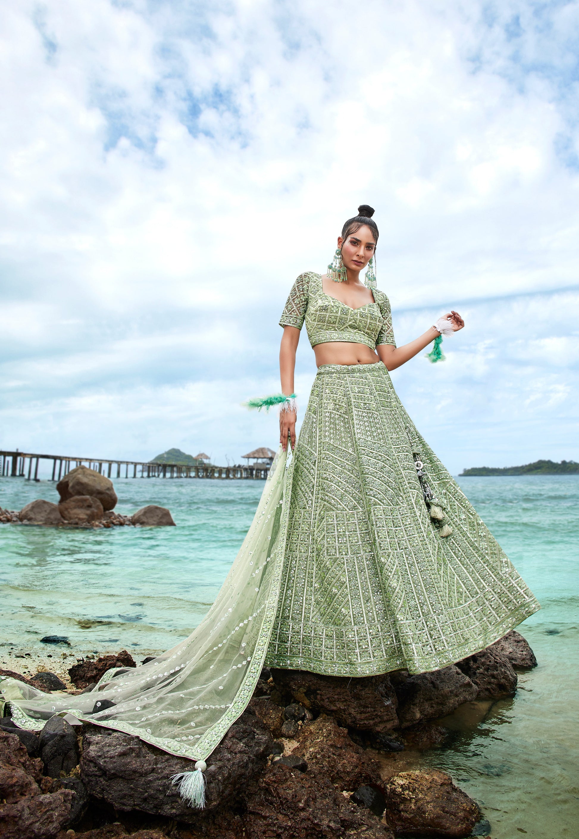 House of Panchhi Lime Green Net Sequins, Zarkan And Thread Embroidery Lehenga Choli & Dupatta | Swadesiicart