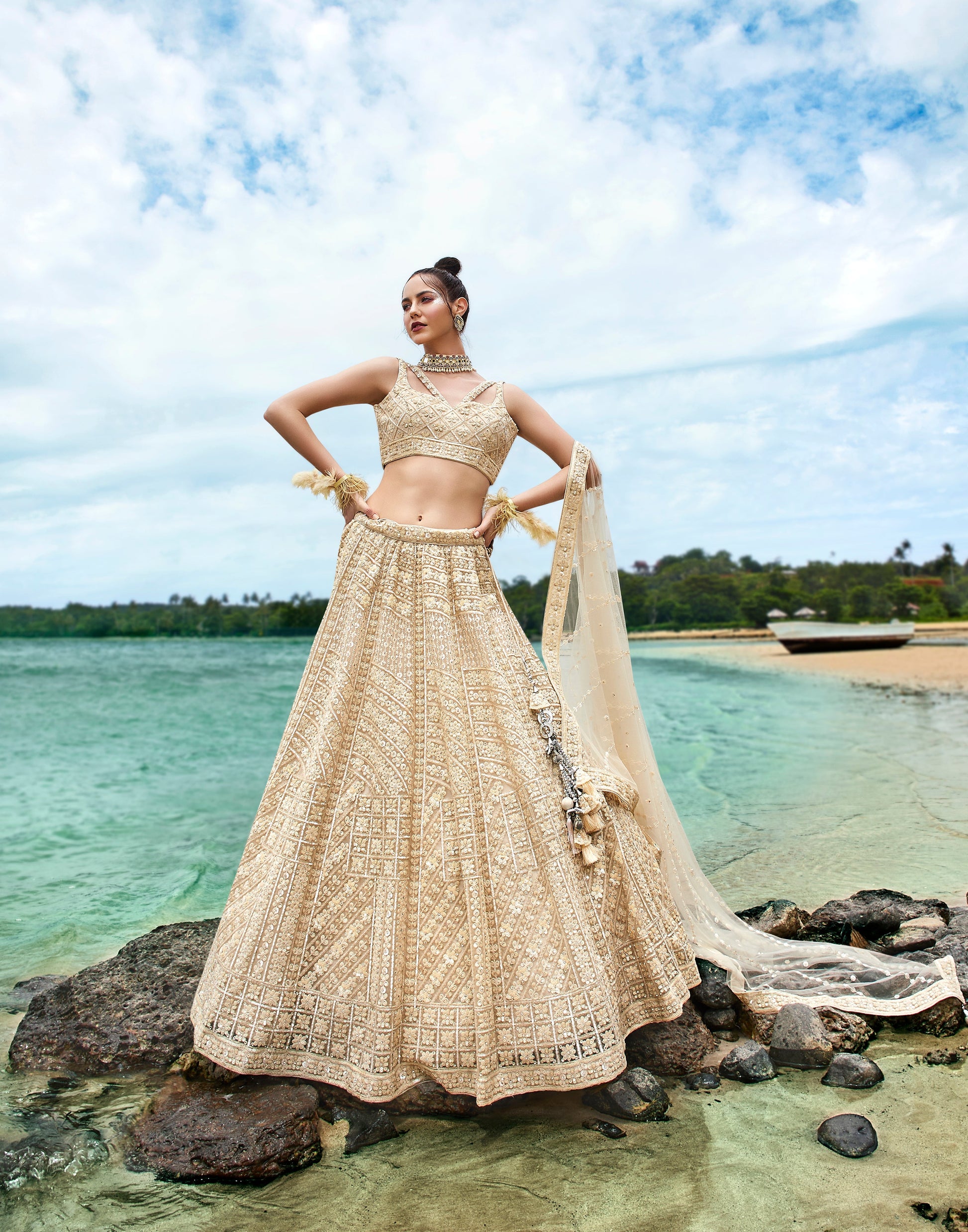 House of Panchhi Cream Net Sequins, Zarkan And Thread Embroidery Lehenga Choli & Dupatta | Swadesiicart
