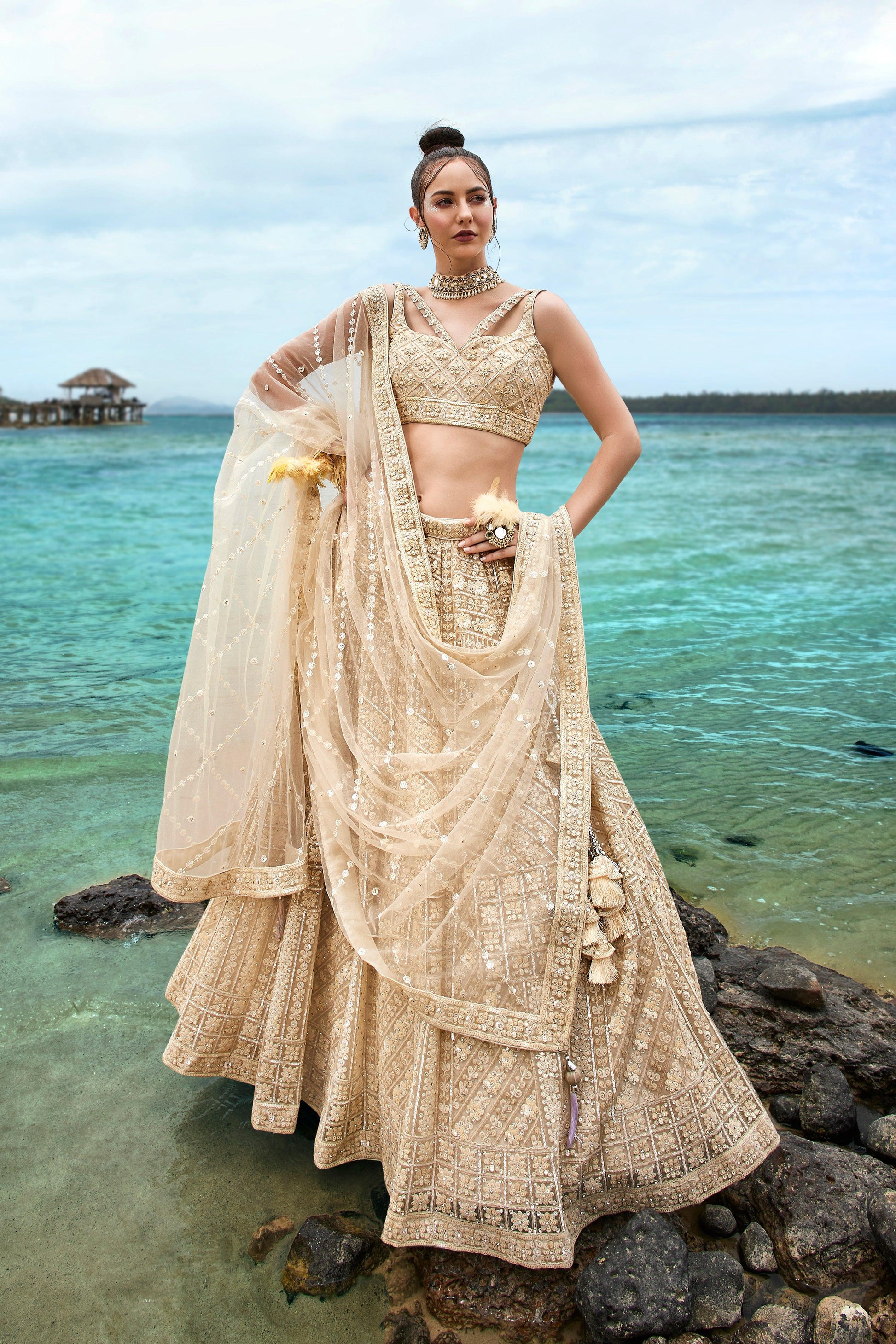 House of Panchhi Cream Net Sequins, Zarkan And Thread Embroidery Lehenga Choli & Dupatta | Swadesiicart