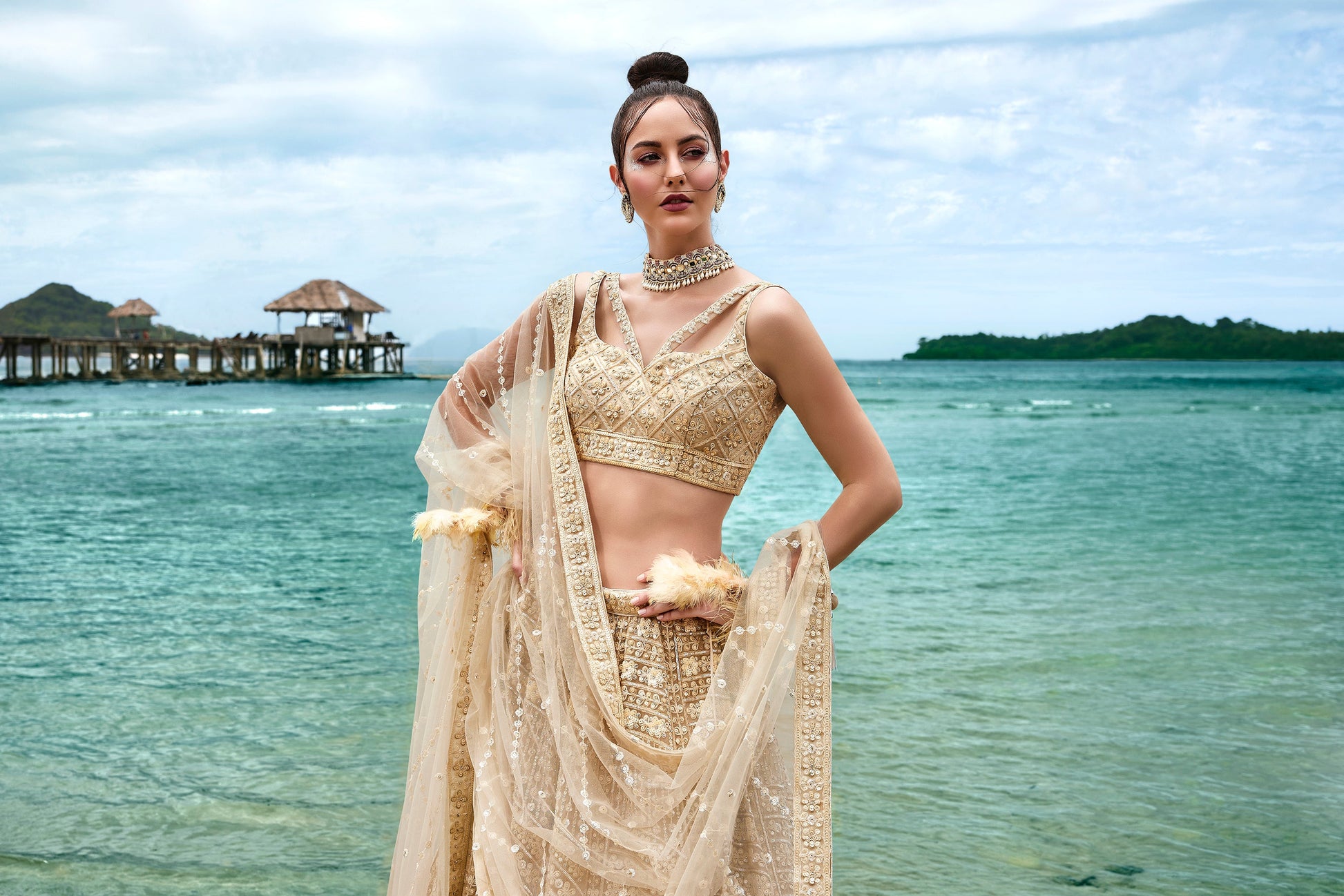 House of Panchhi Cream Net Sequins, Zarkan And Thread Embroidery Lehenga Choli & Dupatta | Swadesiicart