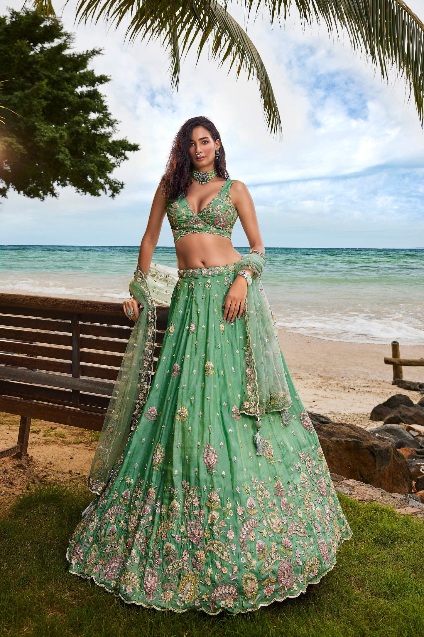 House of Panchhi Sea Green Georgette Sequins, Zarkan And Thread Embroidery Lehenga Choli & Dupatta | Swadesiicart