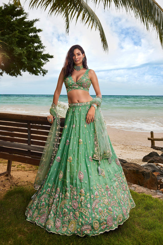House of Panchhi Sea Green Georgette Sequins, Zarkan And Thread Embroidery Lehenga Choli & Dupatta | Swadesiicart